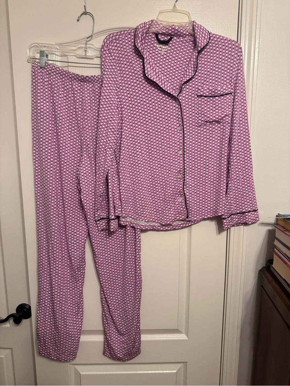 Ladies Long Sleeve Pink Patterned Pajama Set with Black Piping